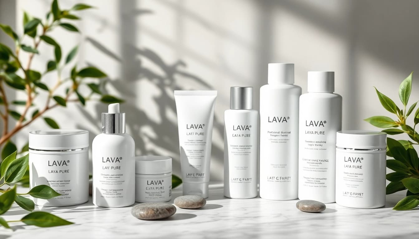 LAVA PURE skincare product beautifully displayed on a marble surface with green accents.