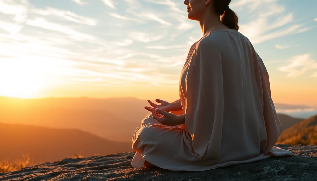 Meditating person on a mountaintop illustrating emotional wellbeing and tranquility.