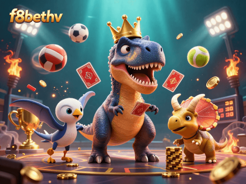 Engage in thrilling action with f8bethv as the T-Rex shuffles cards and a pterodactyl assists in a vibrant casino scene.