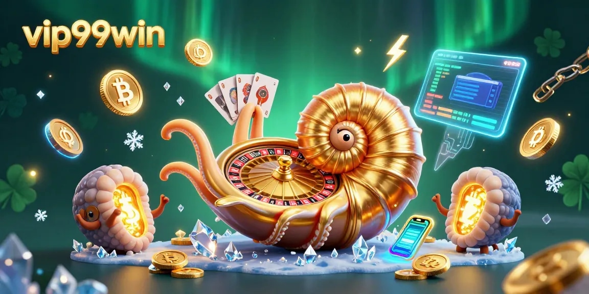 Engage with vip99win's dynamic casino experience featuring a glowing nautilus roulette wheel and animated crypto elements.