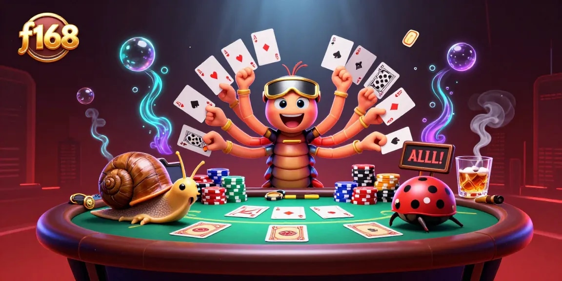Experience thrilling casino action at f168 with a vibrant poker scene featuring a unique cartoon dealer and high-stakes elements.