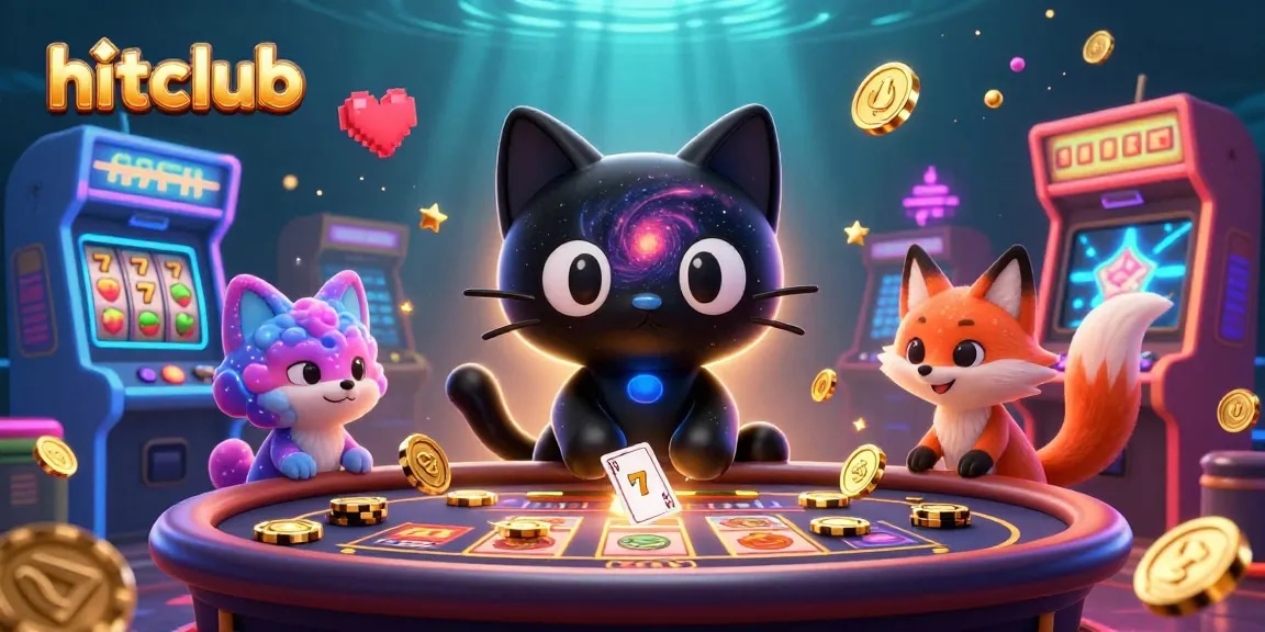 Hitclub's captivating atmosphere showcases a black hole cat at a cosmic casino, enticing players with golden chips.