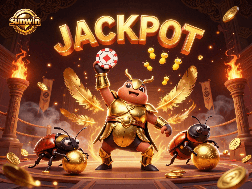 Join the excitement of sunwin with a victorious hercules beetle amidst dynamic casino elements.