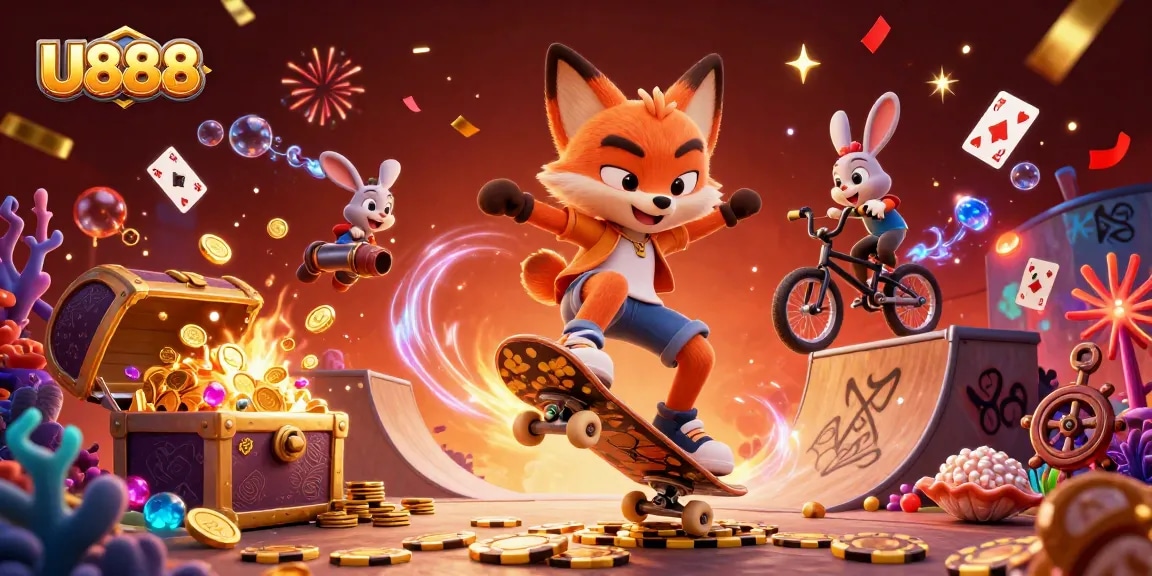 Engage in thrilling action with U888 through a vibrant casino-themed illustration featuring dynamic characters and rich gaming elements.