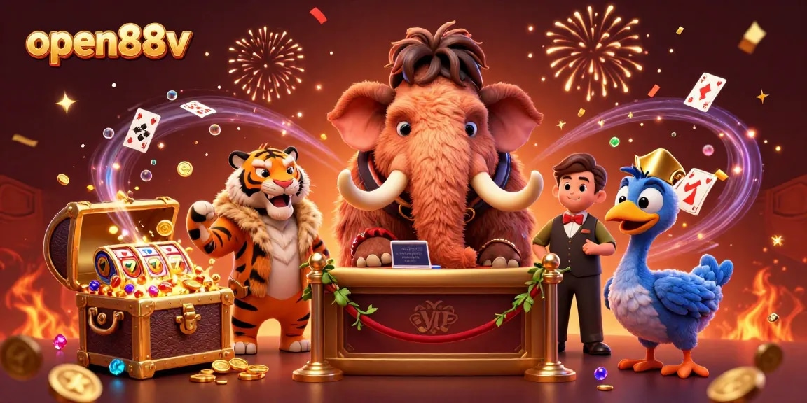 Engaging illustration of open88v's vibrant casino scene with characters and dynamic gaming elements.