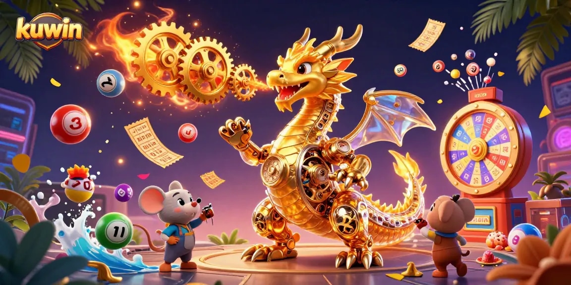 Kuwin players enjoy vibrant prize wheels and colorful lottery elements in a dynamic casino scene.