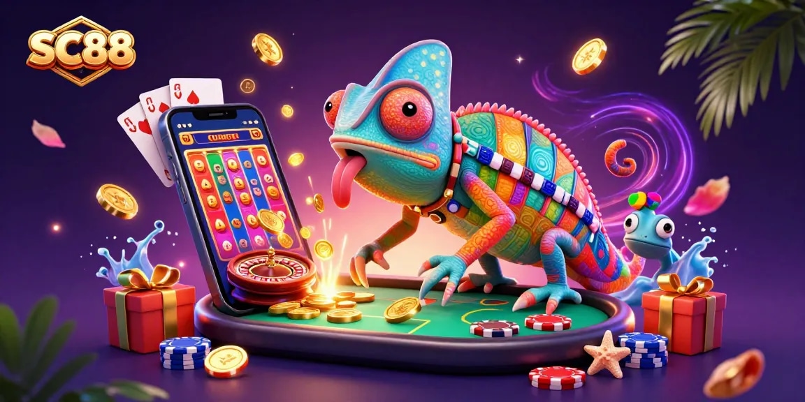 Experience SC88 with a chameleon casino owner, filled with vibrant gaming tokens and excitement.