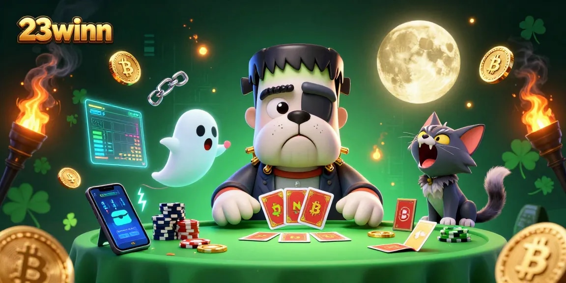 Join the excitement at 23winn as our Frankenstein bulldog monster deals cards in a vibrant casino scene.