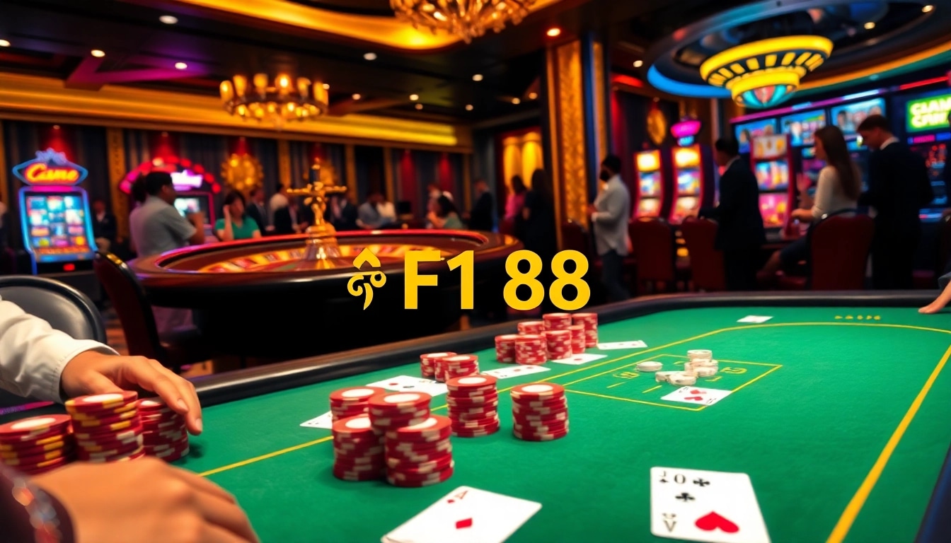 High-stakes poker table at F168 casino with vibrant atmosphere and engaged players.