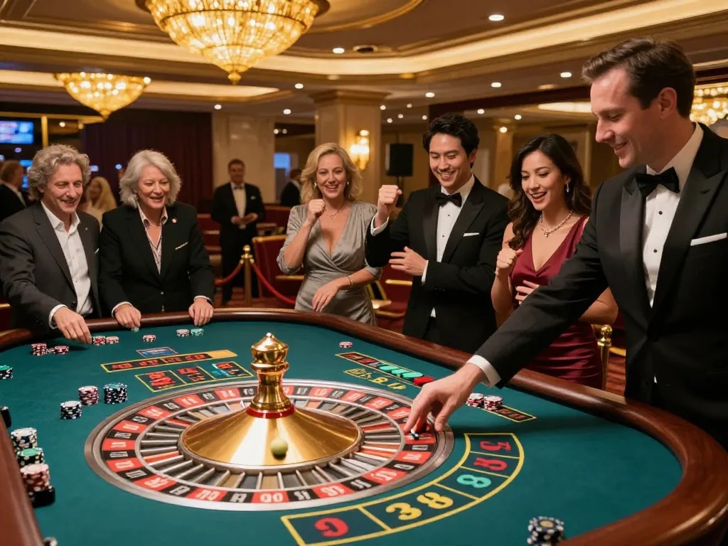 Experience the thrill of TG88 roulette with players eagerly watching the spinning wheel in a luxurious casino.
