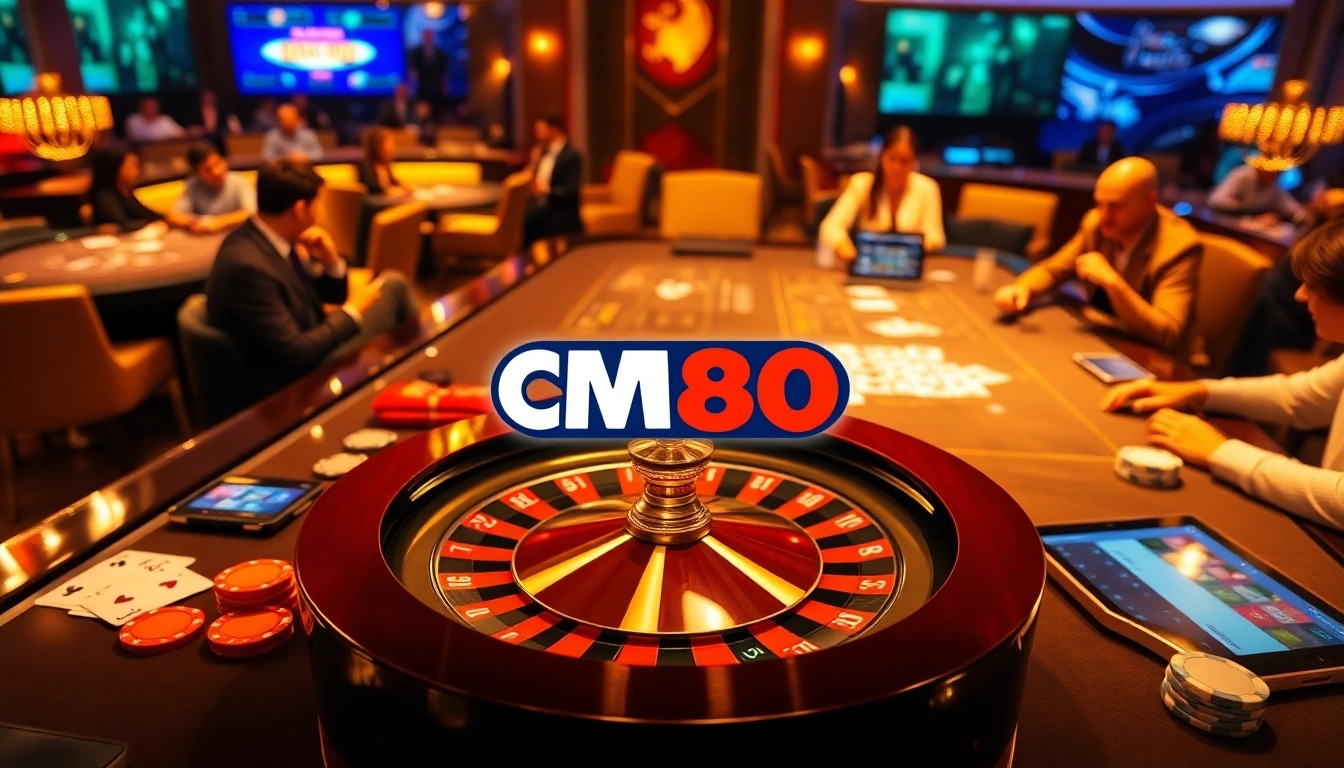 Experience high-stakes gaming with CM88 COM, featuring vibrant casino tables and poker chips.
