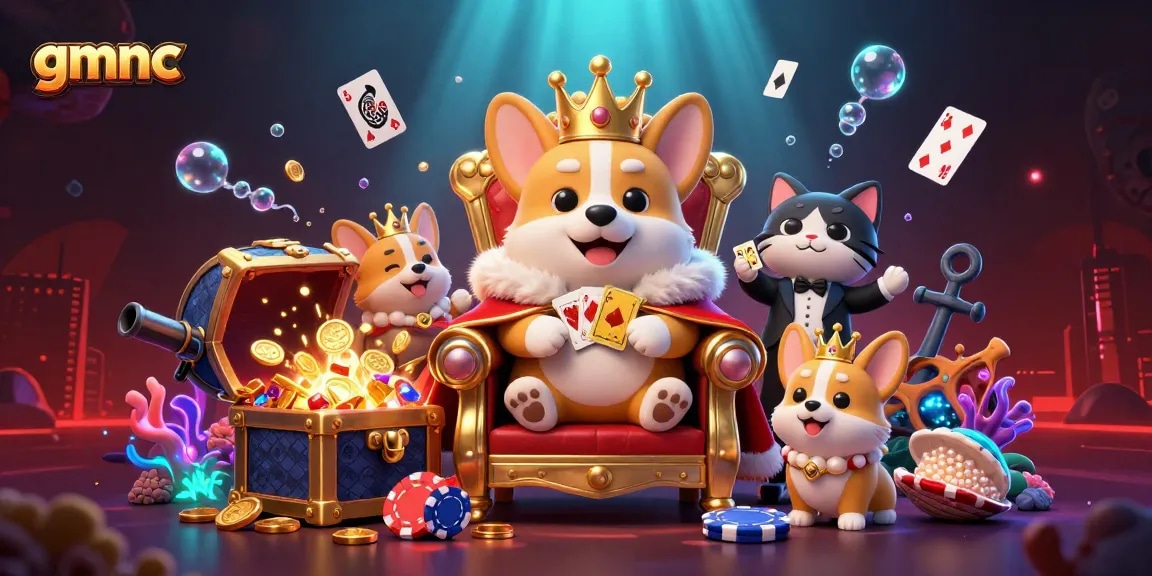 Win with gmnc by exploring a vibrant online casino scene filled with gold coins and colorful gems.