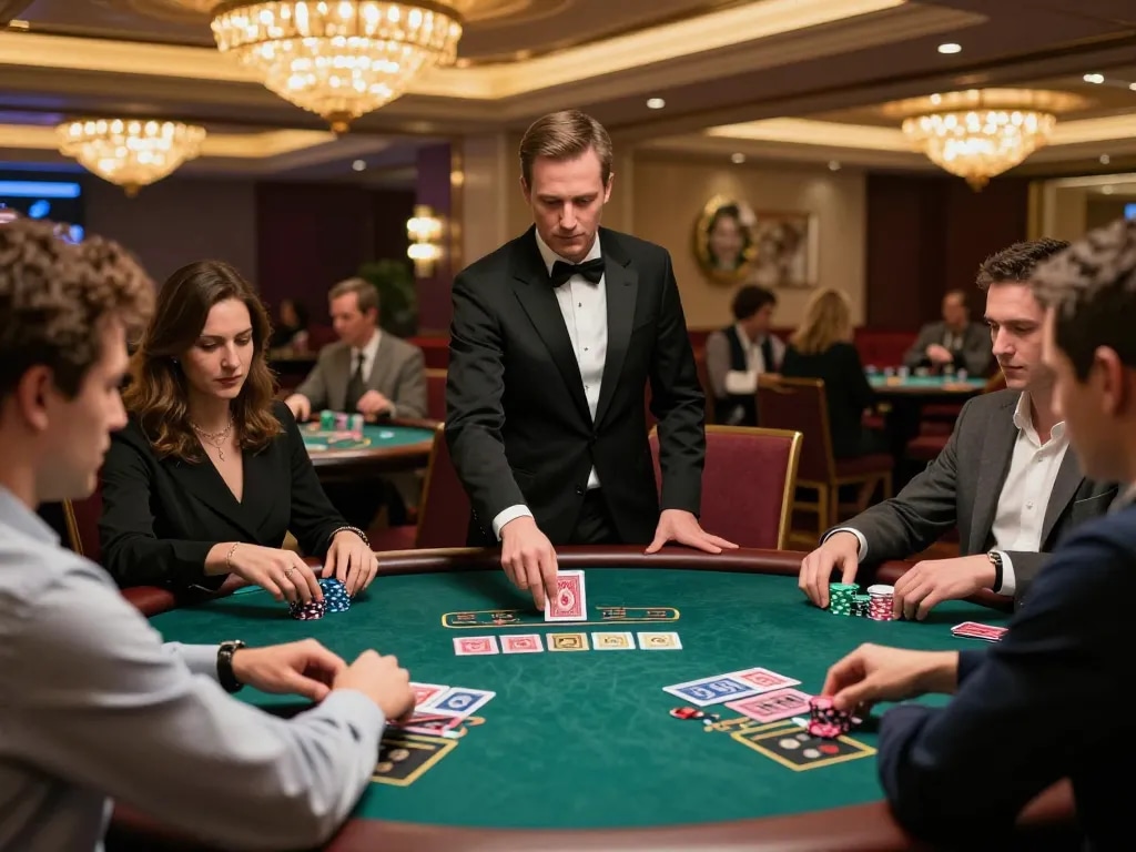 Players enjoying high-stakes blackjack at an upscale casino while exploring 79KING strategies