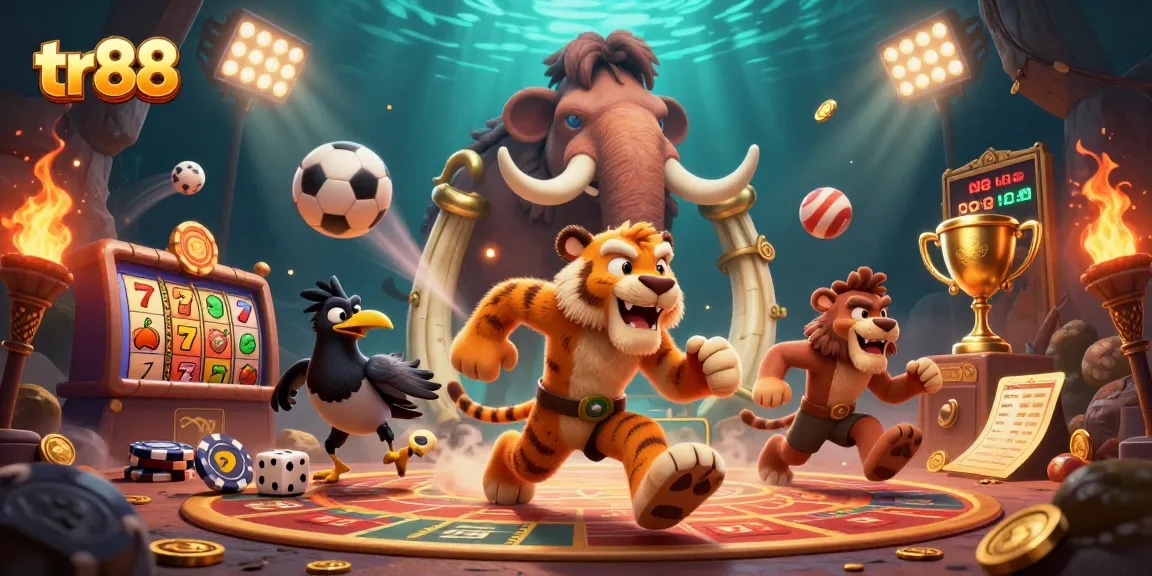 Play at tr88's exciting prehistoric casino with sabertooth and caveman, surrounded by slot game elements.