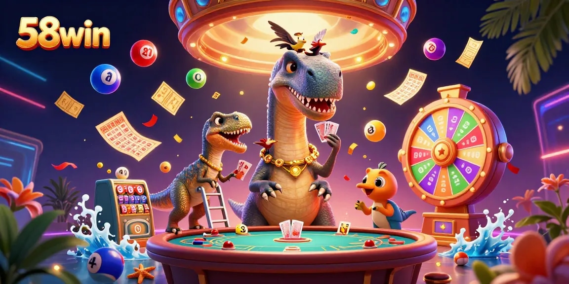 Experience thrilling gaming action with 58win's vibrant casino scene featuring playful characters and dynamic elements.