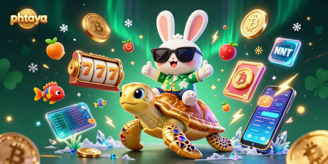 Phtaya brings vibrant casino energy with an adorable rabbit and turtle in a joyful betting scene.