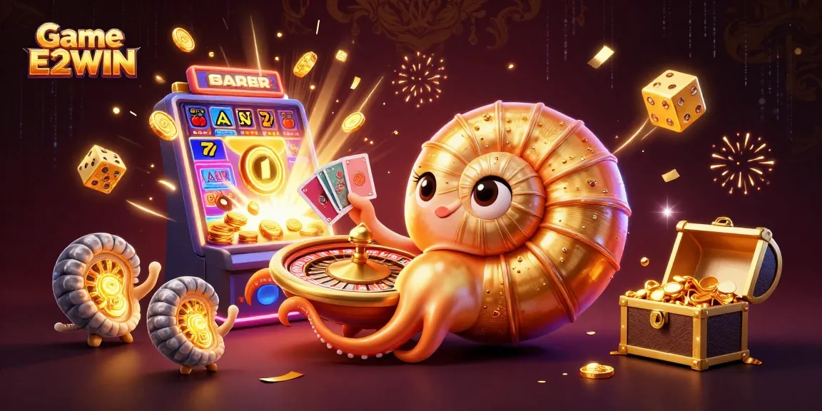 Spin to win with Game E2WIN in a vibrant, dynamic casino illustration packed with excitement.