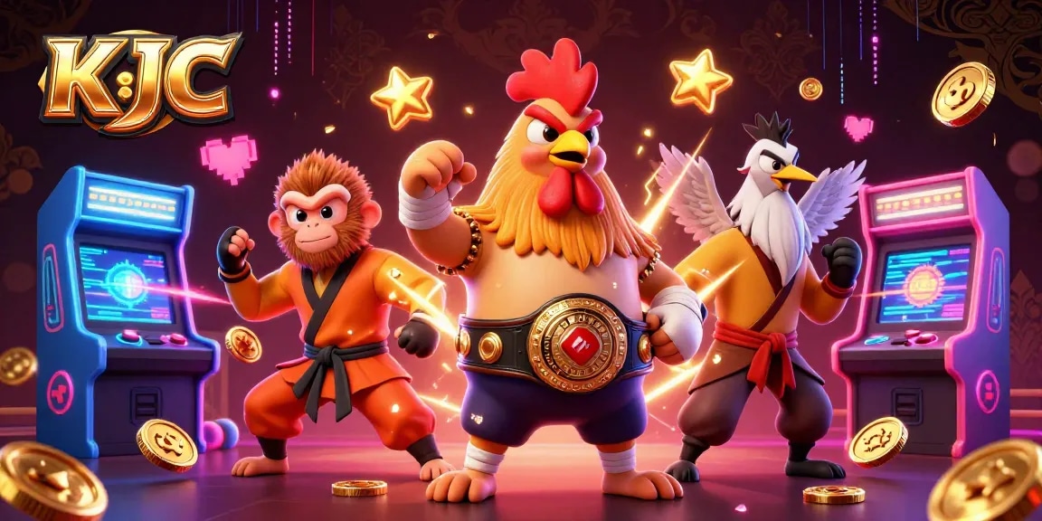 Experience the vibrant gaming world of KJC with dynamic characters and arcade elements.
