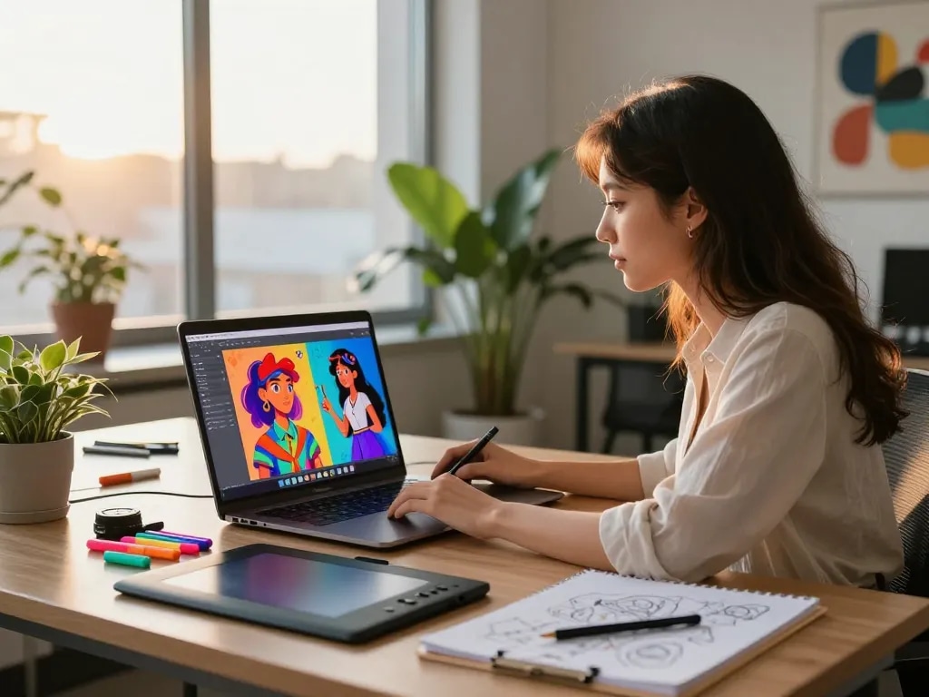Creative workspace showcasing a young woman using Crush on AI for digital art, with AI-generated images on screen and artistic tools around.