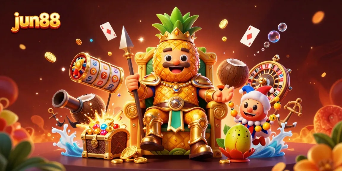 Engage in thrilling gameplay with Jun88 featuring a golden pineapple king and dynamic casino elements.