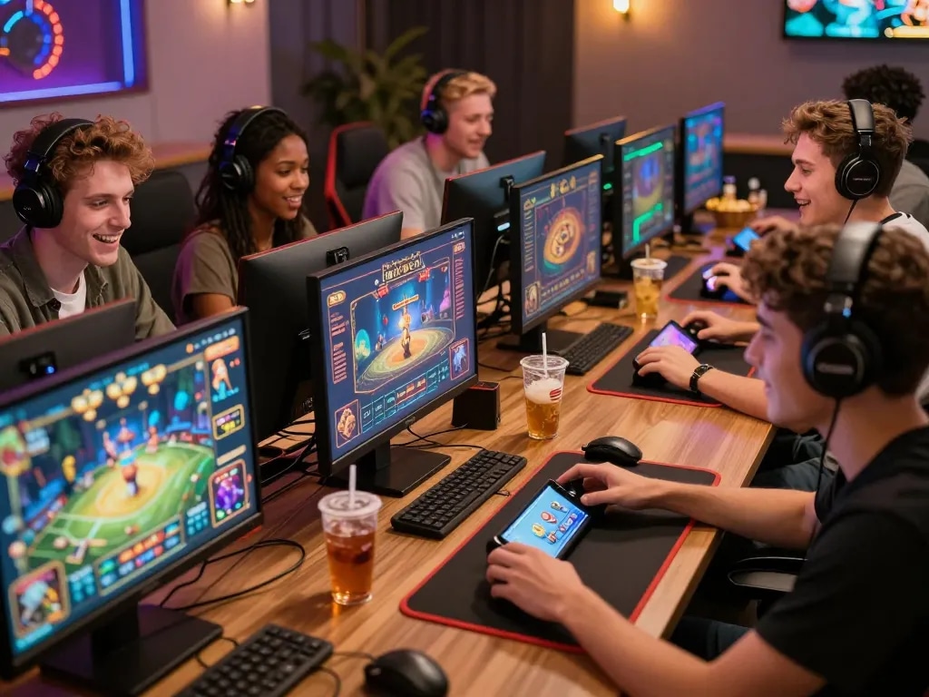 Dynamic gaming atmosphere showcasing players enjoying rikvip mới nhất across devices in a lively setting.