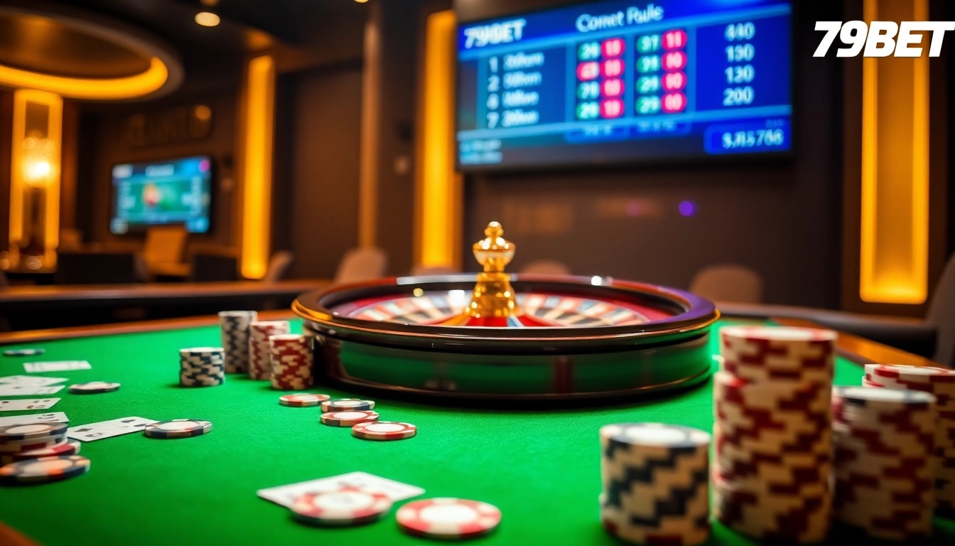 Experience the excitement of 789BET with a luxurious casino scene featuring vibrant gaming tables and thrilling atmosphere.