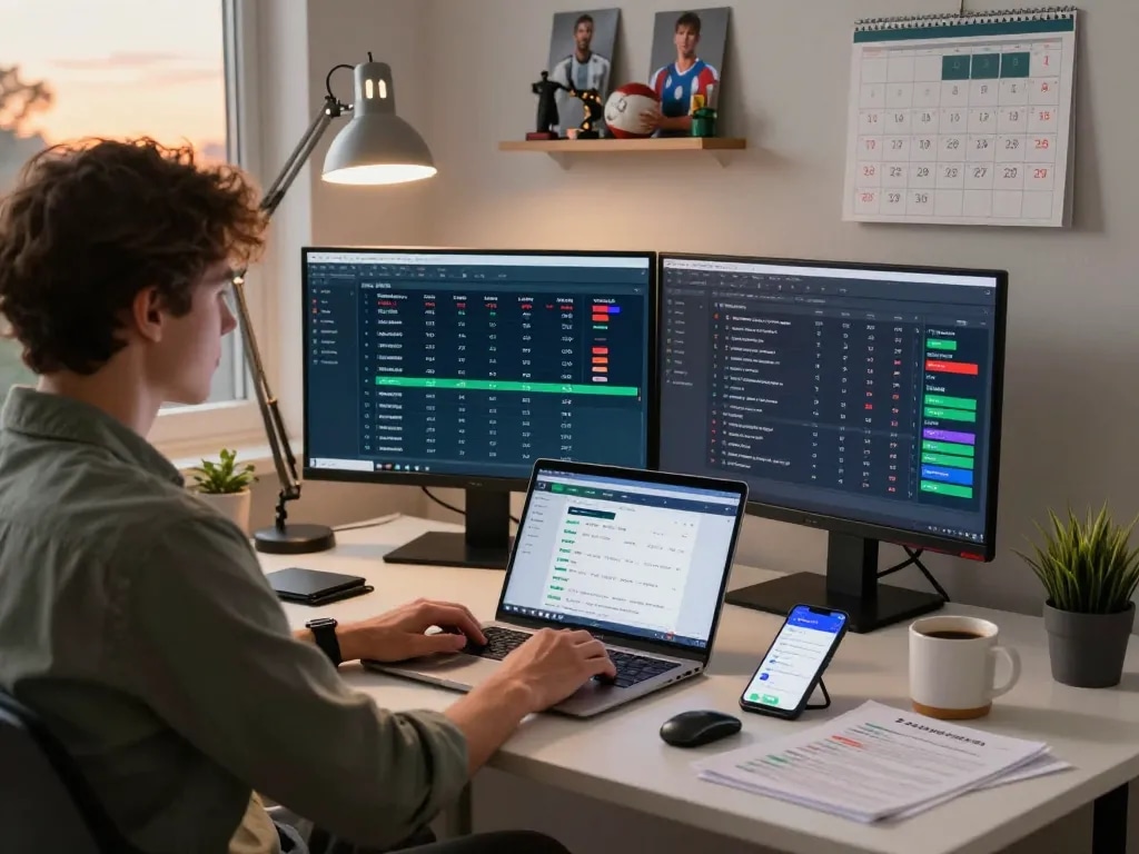 Engaged person researching Xem kèo nhà cái with sports betting analytics in a modern home office.