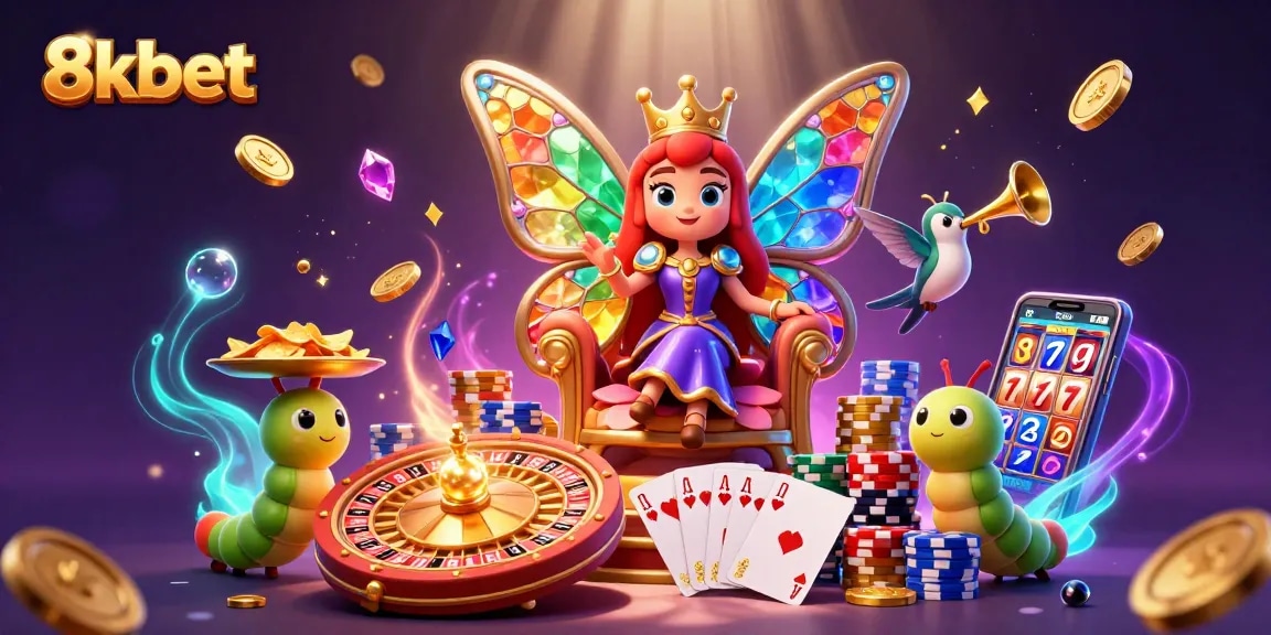Experience the thrill of 8kbet with a vibrant casino scene featuring a majestic butterfly queen and golden game elements.