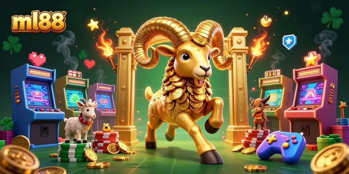 ml88 vibrant casino scene with golden ram charging through golden gate amidst game machines.