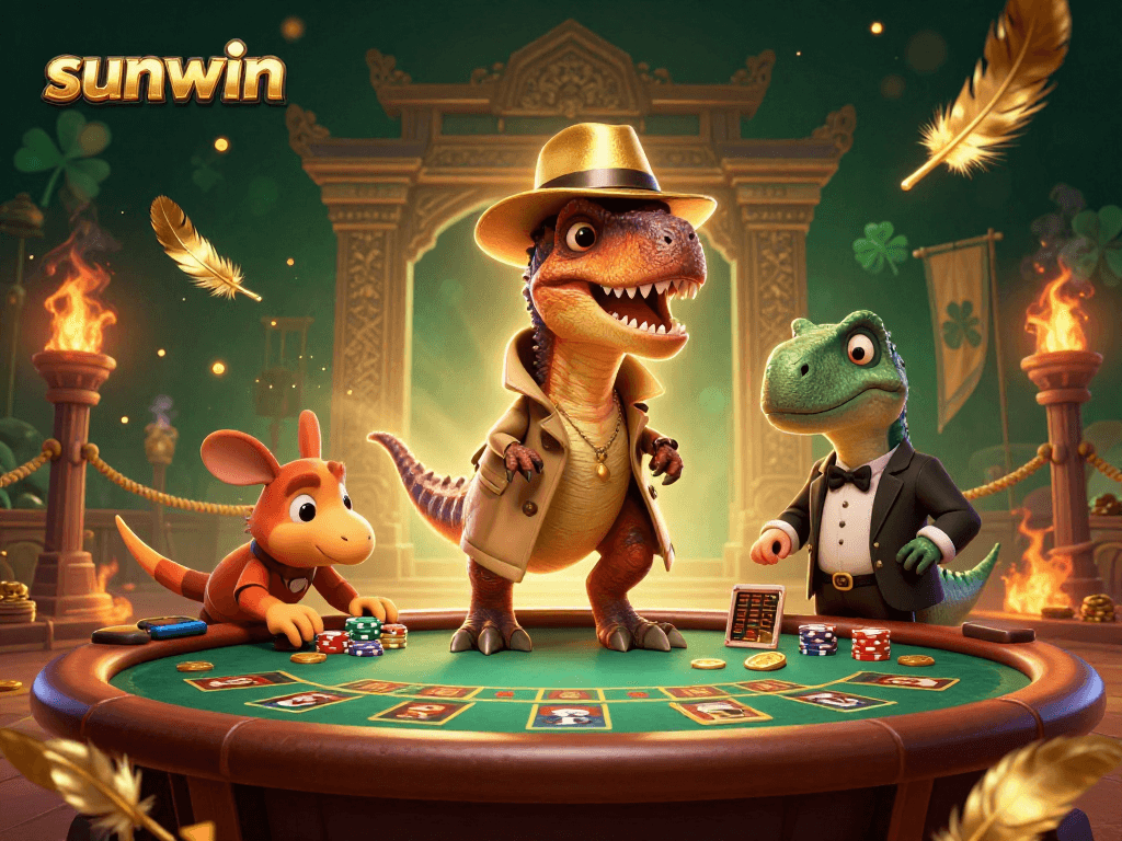 Engage in thrilling gameplay with sunwin at the blackjack table, featuring dynamic dinosaur characters.