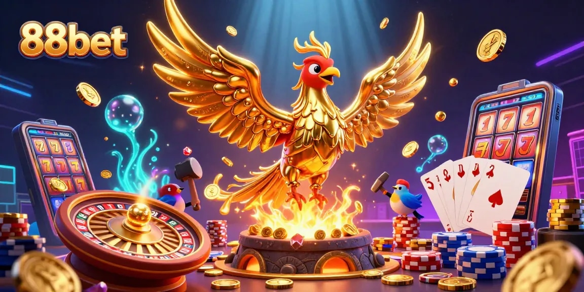 Spin and win at 88bet with a vibrant 3D casino scene full of golden elements and gaming excitement.