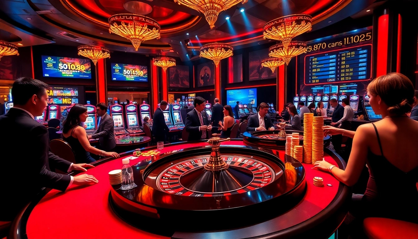 Experience the thrilling excitement of qq88 with vibrant casino tables and players engaging in betting.