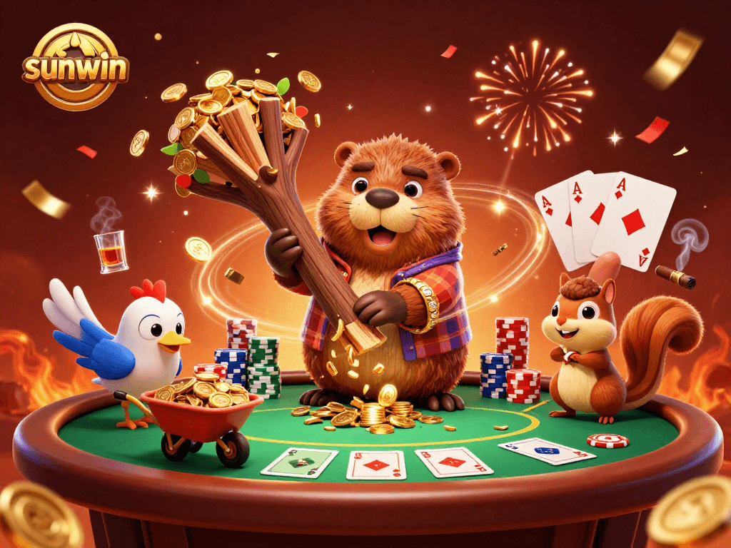 sunwin celebrates a vibrant casino scene featuring a beaver, bird, and squirrel amidst poker elements and coins.