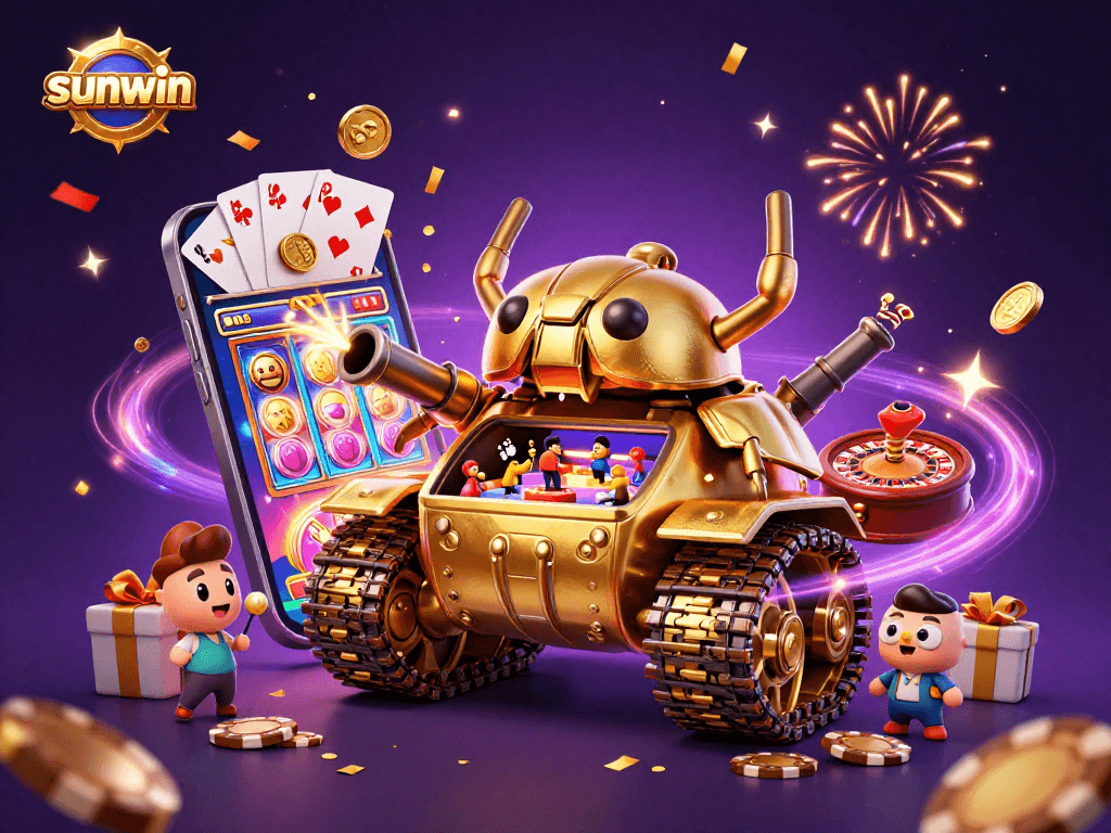 Experience sunwin's vibrant casino scene with a golden beetle tank and dynamic gaming elements.