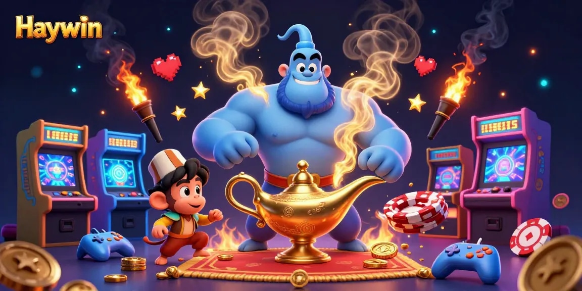 Engage with Haywin's vibrant gaming experience featuring a blue genie and poker chips amidst colorful arcade machines.