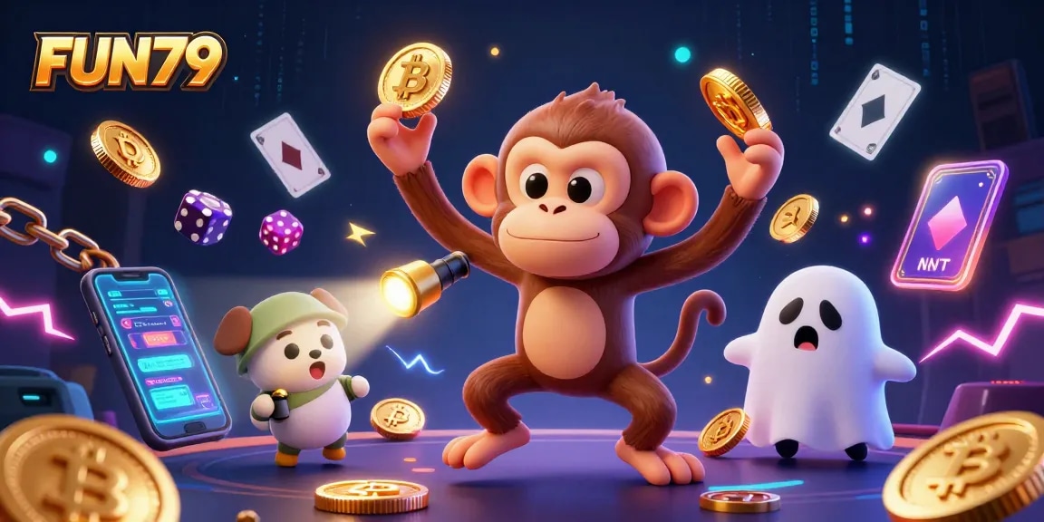 Experience FUN79's vibrant casino adventure with a mischievous poltergeist monkey and a brave ghost-hunter puppy.