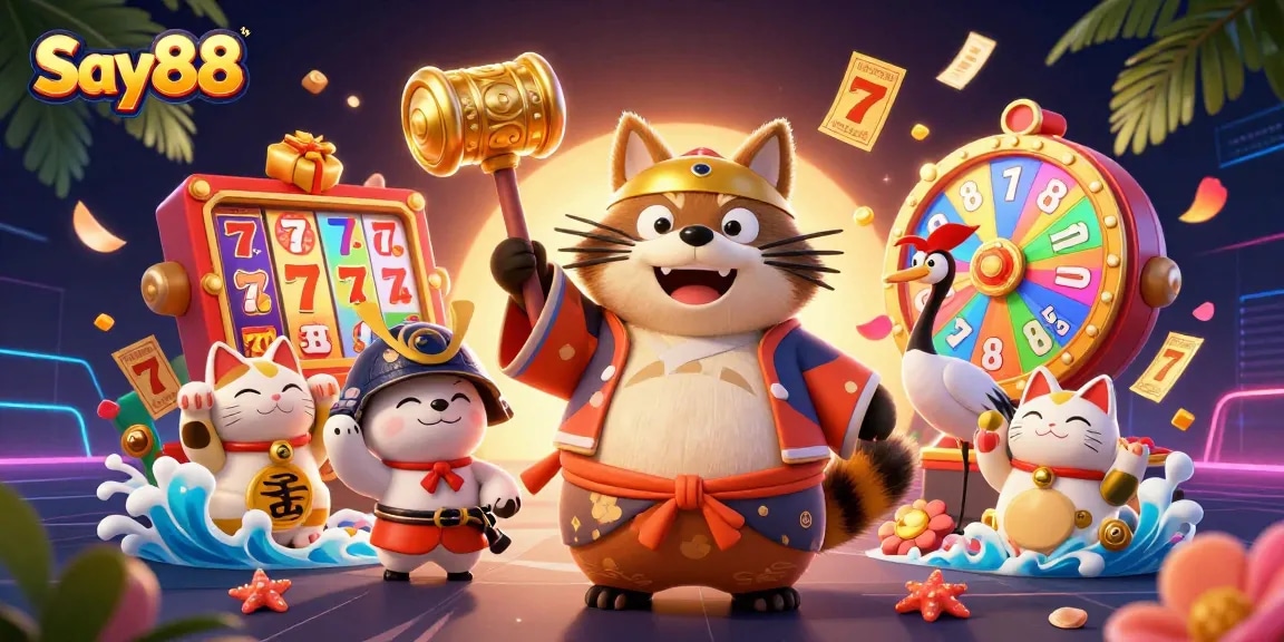 Experience thrilling gaming with Say88's vibrant 3D casino characters and festive elements.