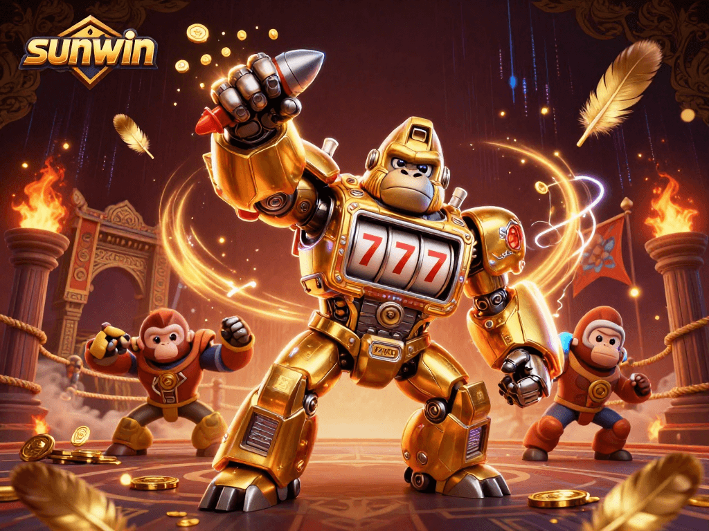 Experience excitement at Sunwin with a gorilla mech themed around slot machines and gold coins.