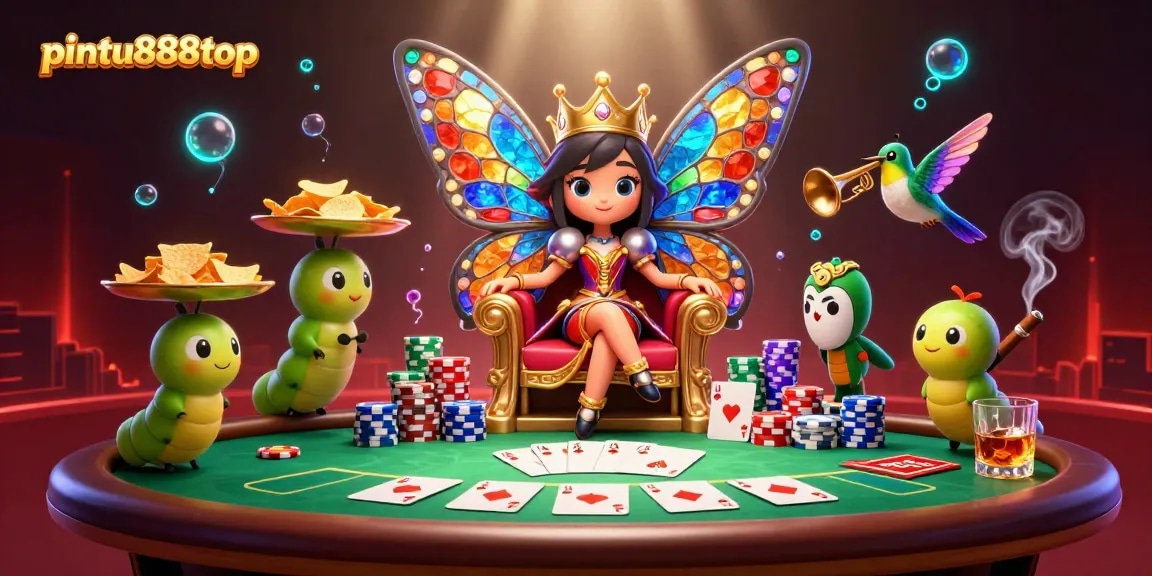 Pintu888top engaging illustration with a butterfly queen and poker elements for thrilling gaming
