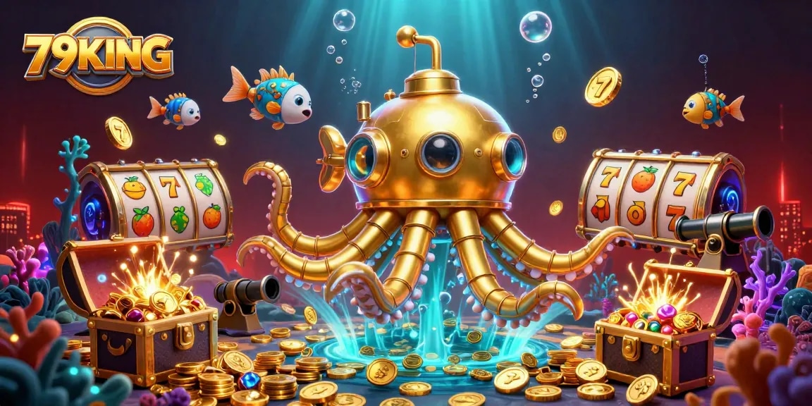 79KING showcases vibrant slots and underwater treasure in a golden kraken scene.
