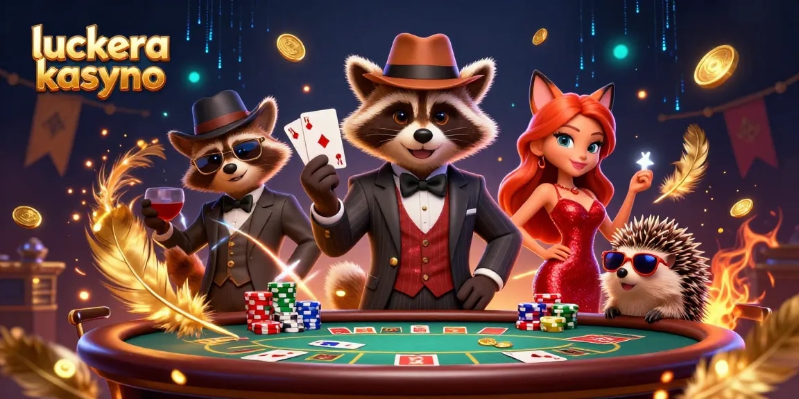 Luckera kasyno z 3D racoonem w garniturze, grającym w pokera, w otoczeniu monet i dekoracji