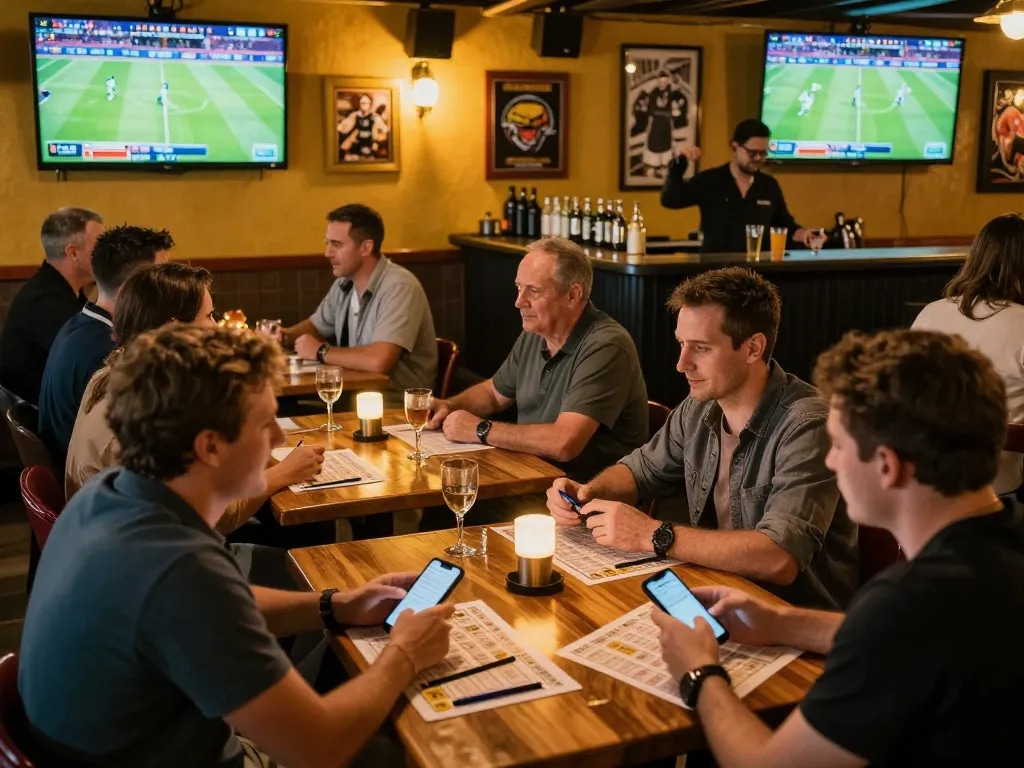 79king bettors celebrating a winning wager at a lively sports bar, showcasing excitement and interaction.