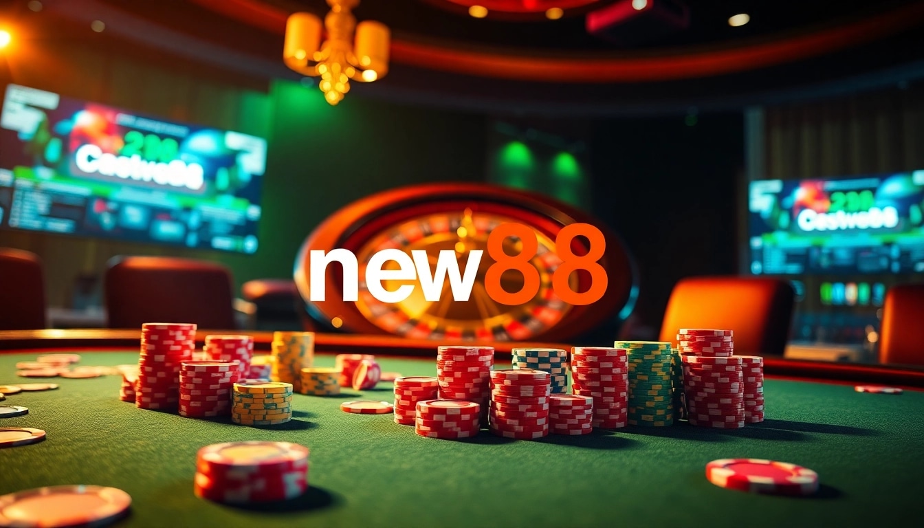 Experience the excitement of new88's vibrant online casino with thrilling poker, roulette, and vibrant chips.