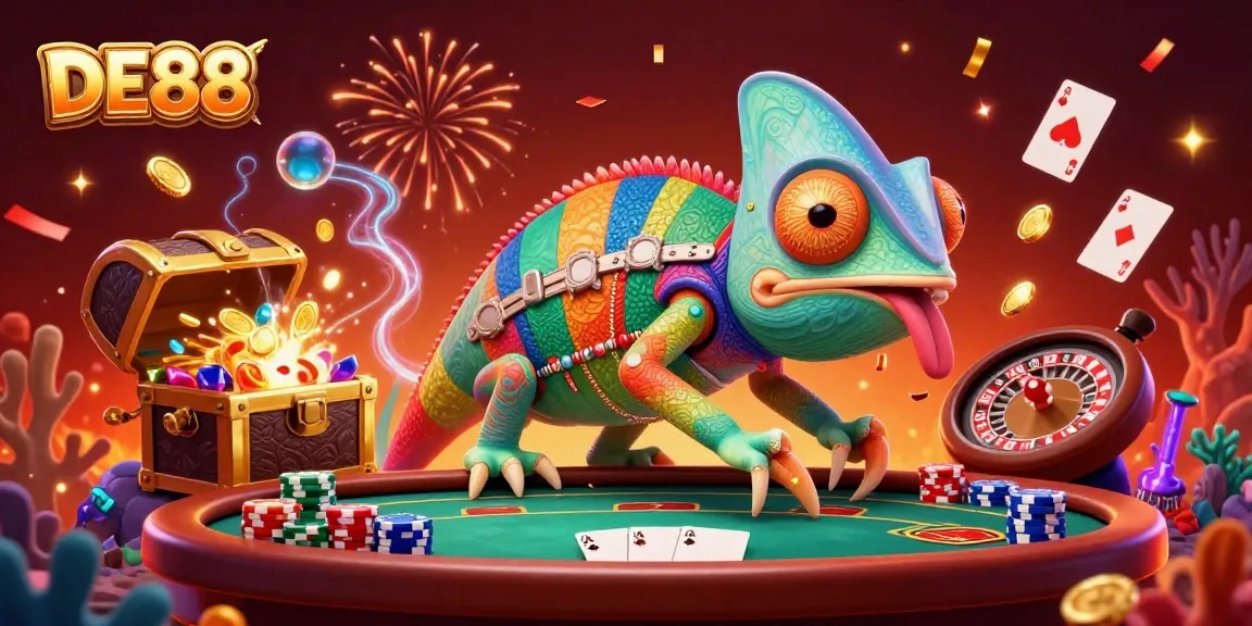 Engage with DE88's vibrant 3D casino scene featuring a chameleon owner and poker elements.