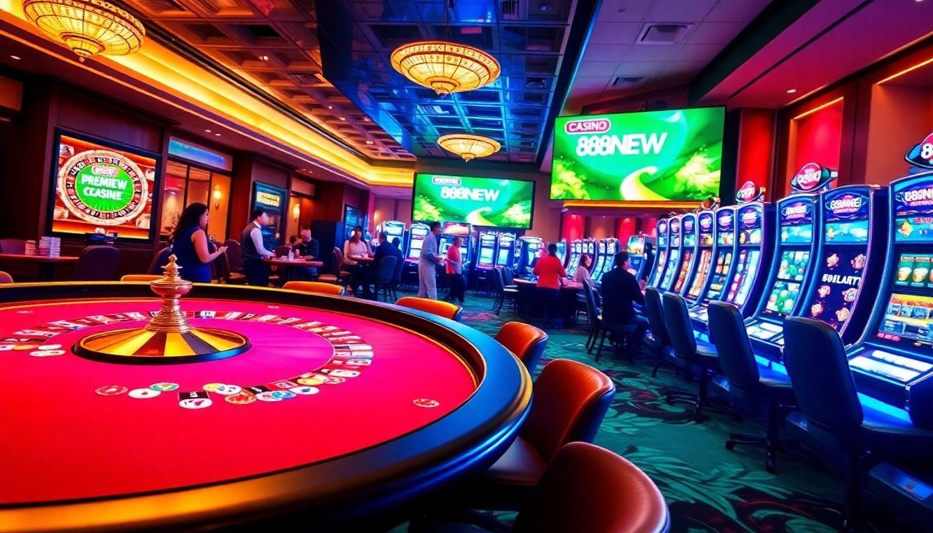 Casino environment showcasing excitement around 888NEW with poker, roulette, and slot machines.