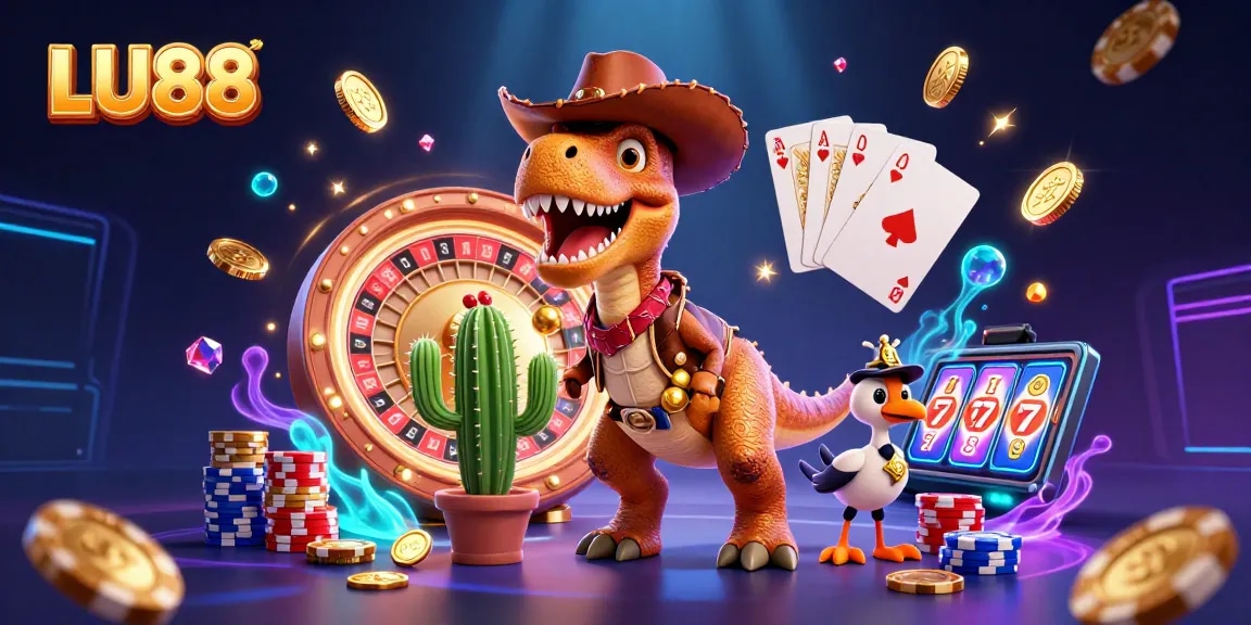 LU88 offers dynamic gaming excitement with a roaring T-Rex and vibrant casino elements.