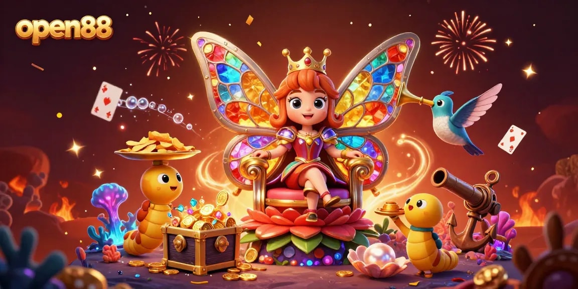 Bet on open88 in a vibrant casino scene, featuring a butterfly queen, chips, and treasures.