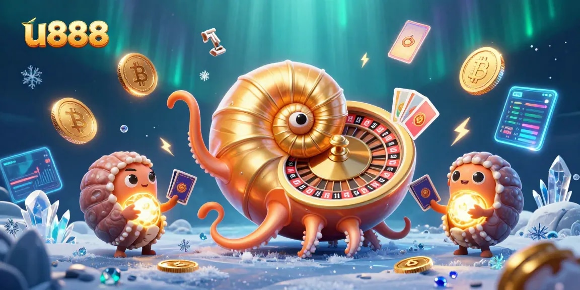 Join u888 as the ancient nautilus spins a roulette wheel amidst neon crypto coins in a vibrant casino.