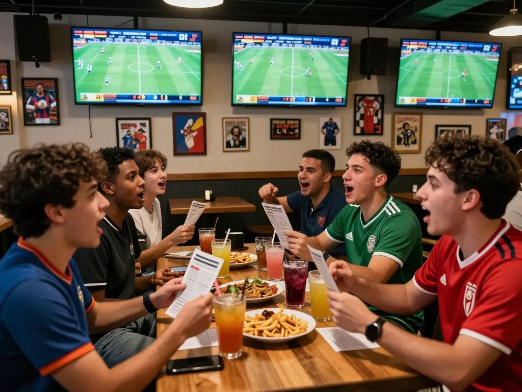 Cá độ bóng đá scene at bustling sports bar with friends, live match excitement.