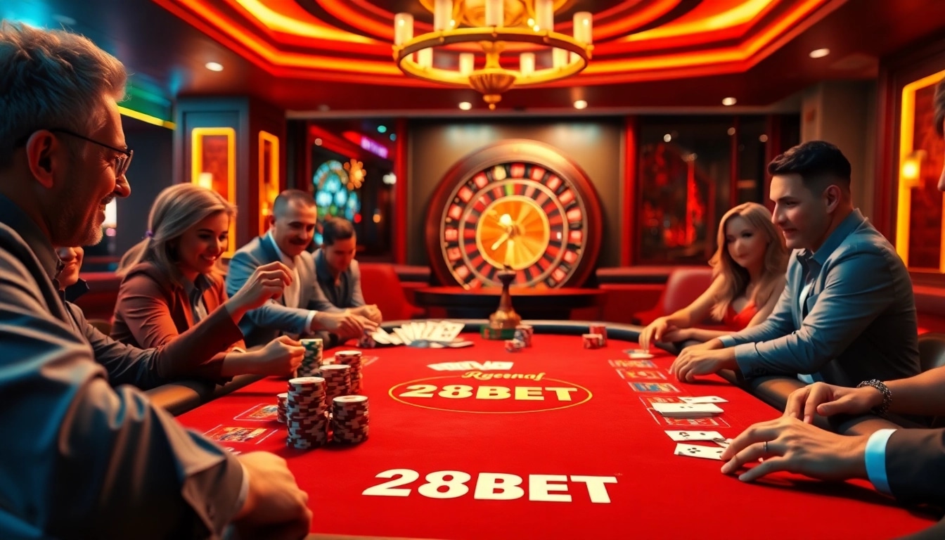 Players enjoying a thrilling poker game at 28BET casino with vibrant chips and cards.